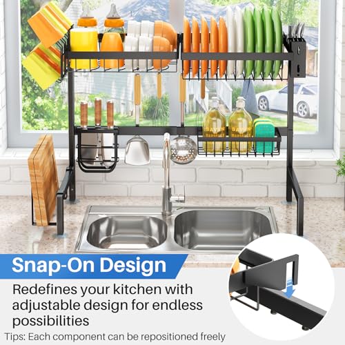 SNTD Over The Sink Dish Drying Rack - Adjustable Dish Rack for Kitchen Counter, Metal (Black) - Image 5