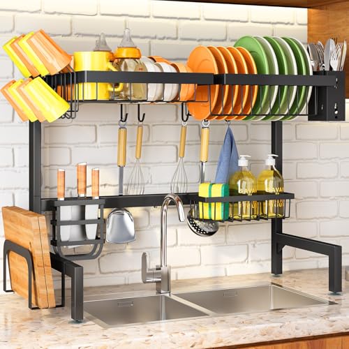 SNTD Over The Sink Dish Drying Rack - Adjustable Dish Rack for Kitchen Counter, Metal (Black) - Image 1