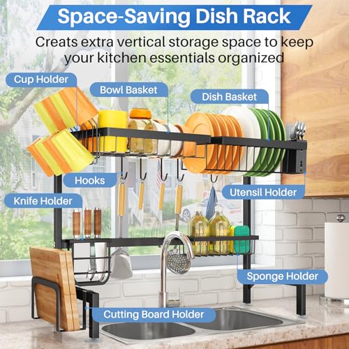 SNTD Over The Sink Dish Drying Rack - Adjustable Dish Rack for Kitchen Counter, Metal (Black) - Image 2