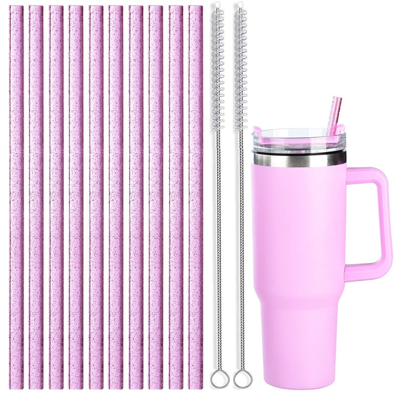 ALINK 10 Pack Pink Replacement Straws for Stanley 40 oz 30 oz Tumbler  12 in Long Reusable Plastic Glitter Straws for Stanley Cup Accessories  Half Gallon Jug  Plus 2 Cleaning Brush