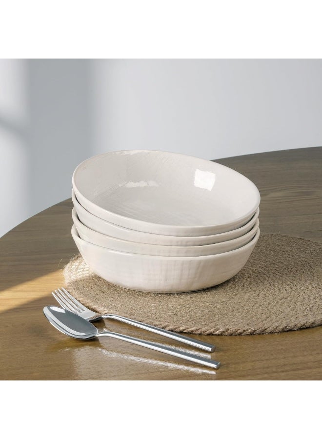 Famiware Moonlight 4 Piece Stoneware Pasta Bowls Set with Linen Finish in 8.7 inches, 34oz Serving Bowl for Pasta, Salad, Noodles, Scratch Resistant, Microwave & Dishwasher Safe, White  - Image 3