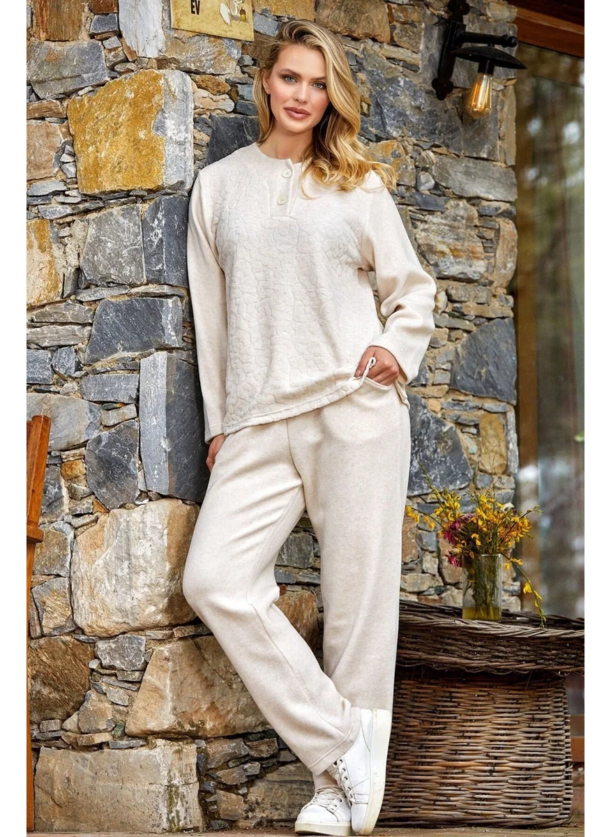 Cossy By Aqua 24062 Women's Long Sleeve Fleece Pajama Set-Beigemelange