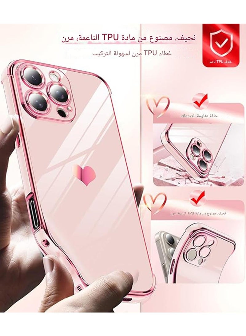 WRISTWISE iPhone 16 Pro Max Case with Tempered Glass Screen Protector (2 Pcs) ,  Love Heart Electroplating Girls Women's Luxury Soft TPU Shockproof Phone Case ,  Pink - Image 2