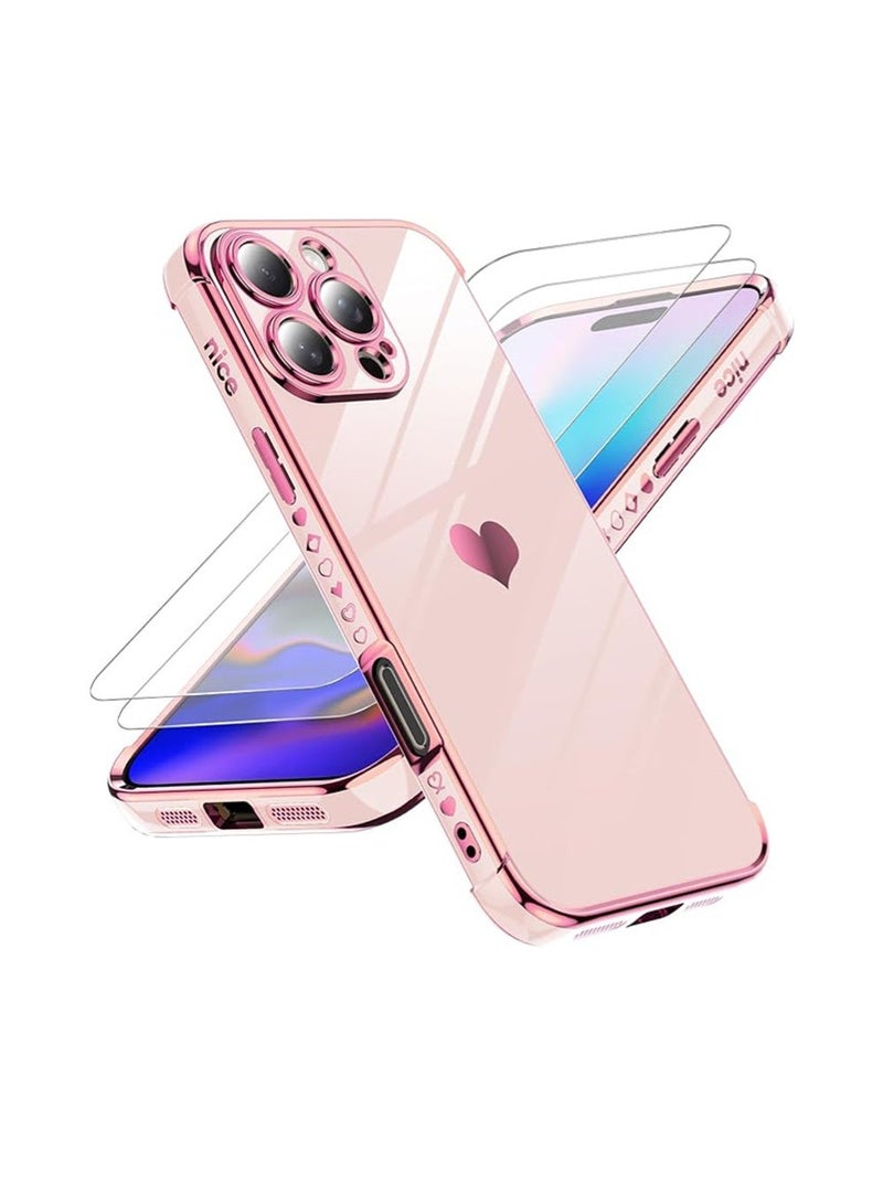 WRISTWISE iPhone 16 Pro Max Case with Tempered Glass Screen Protector (2 Pcs) ,  Love Heart Electroplating Girls Women's Luxury Soft TPU Shockproof Phone Case ,  Pink - Image 1