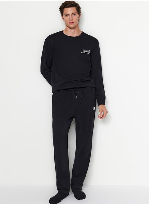 Black Regular/Normal Cut Minimal Fluffy Text Printed Fleece Sweatpants TMNAW24EA00012