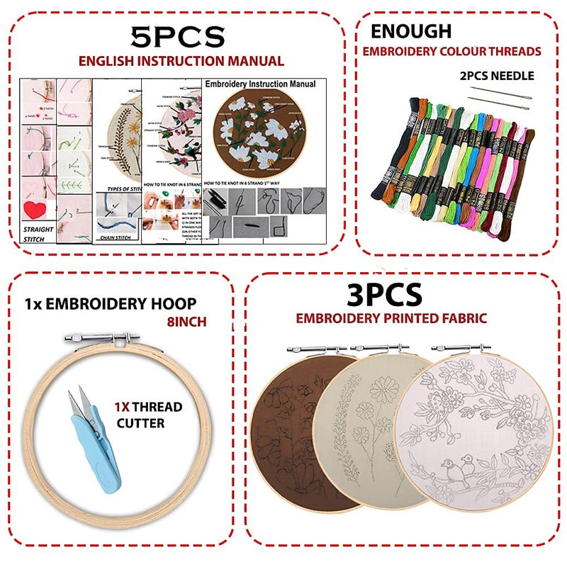 Qroof Embroidery Kit - Diy Set Of 8, Beginners To Advanced - 3 Pattern Designs, 8 Stitches - Ideal For Kids, Adults, Women - Cross Stitch Kit - Wood - Perfect For Beginners, Multi-coloured - Image 3