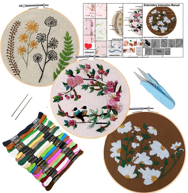 Qroof Embroidery Kit - Diy Set Of 8, Beginners To Advanced - 3 Pattern Designs, 8 Stitches - Ideal For Kids, Adults, Women - Cross Stitch Kit - Wood - Perfect For Beginners, Multi-coloured - Image 1