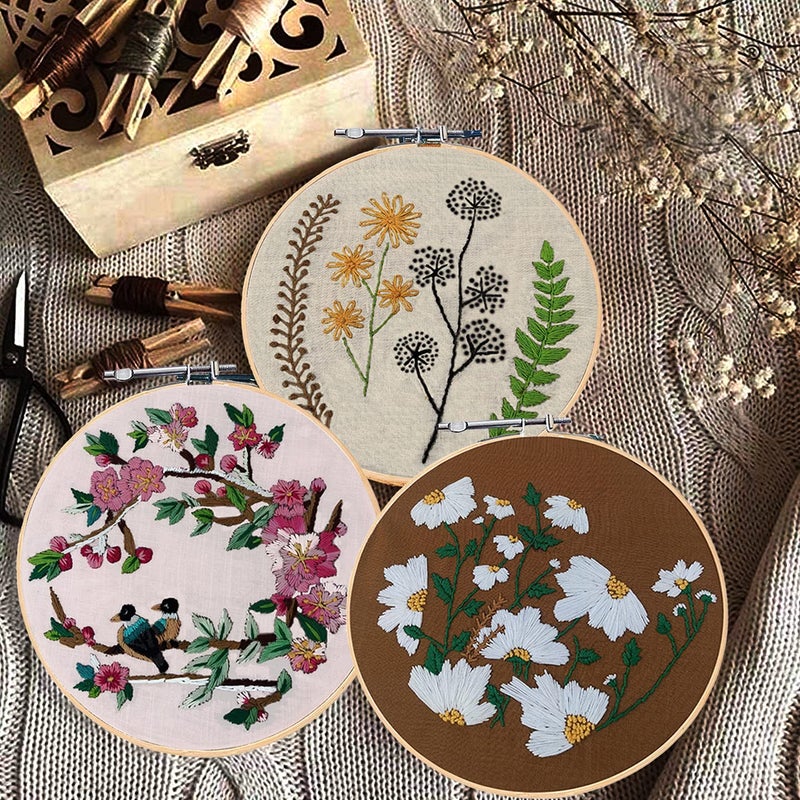 Qroof Embroidery Kit - Diy Set Of 8, Beginners To Advanced - 3 Pattern Designs, 8 Stitches - Ideal For Kids, Adults, Women - Cross Stitch Kit - Wood - Perfect For Beginners, Multi-coloured - Image 2