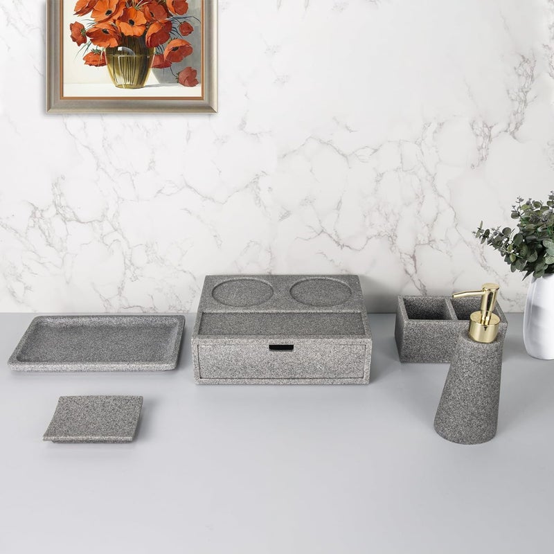 Homestic Homestic Premium 5 Pc Poly Resin Bathroom Accessories Set Lotion Bottle 210ML, Towel Tray, Double Grid Tea Box, Consumable Box | Moisture-Resistant, Non-Fragile, Scratch-Proof | Grey  - Image 1