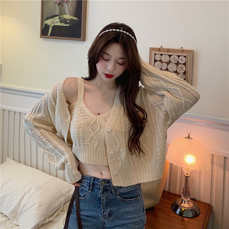 Real Shot of 2020 Autumn and Winter Womens Twist Suspender Top + Long-Sleeved Sweater Knitted Jacket Cardigan Two-Piece Set for Women Apricot coat
