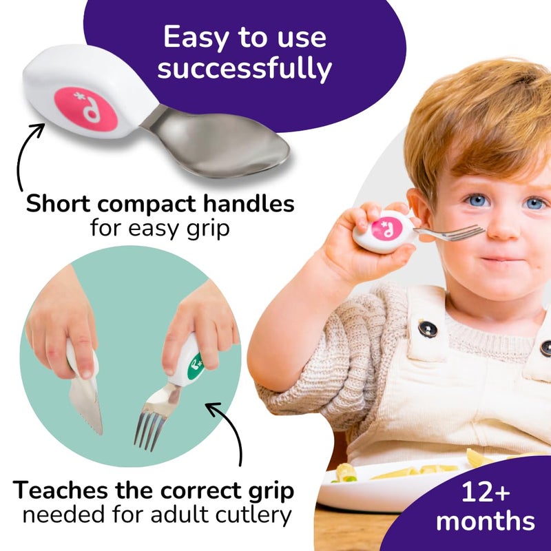 doddl Toddler Utensils, Ergonomic Fork Spoon and Knife Set for Self Feeding, Stainless Steel Silverware for 1-3 Year Olds, BPA Free, Dishwasher Safe (Magenta) - Image 3