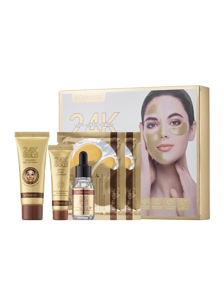Kormesic 24K Gold Facial Skincare Hydration Set (Includes 24K Gold Gentle Facial Cleanser 20g, Gold Collagen Peel-Off Mask 25g, Gold Collagen Essence Mask 7.5g×2, and Gold Soothing Serum 15ml) - Image 1