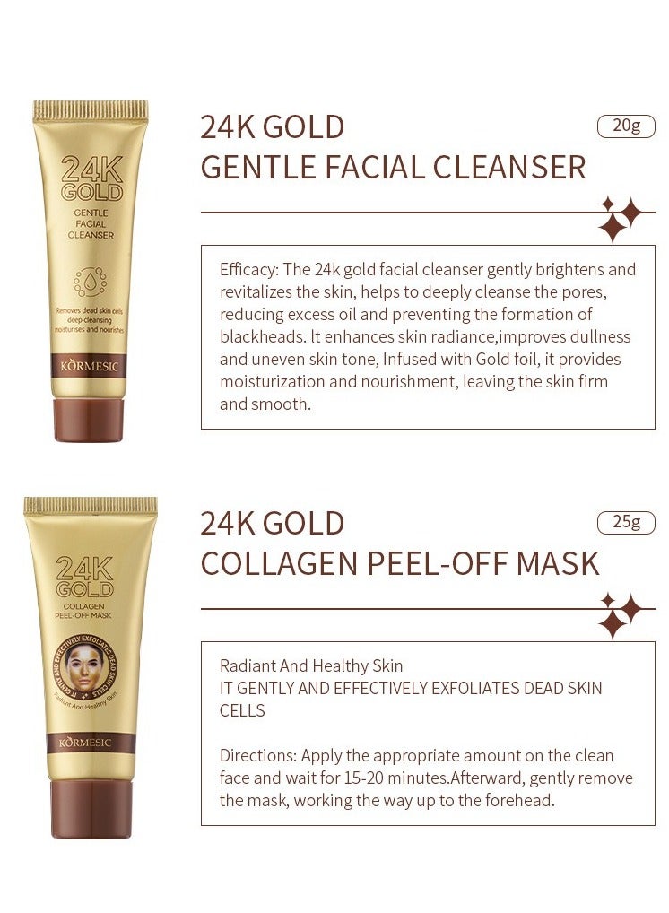 Kormesic 24K Gold Facial Skincare Hydration Set (Includes 24K Gold Gentle Facial Cleanser 20g, Gold Collagen Peel-Off Mask 25g, Gold Collagen Essence Mask 7.5g×2, and Gold Soothing Serum 15ml) - Image 3