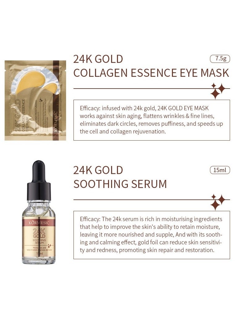 Kormesic 24K Gold Facial Skincare Hydration Set (Includes 24K Gold Gentle Facial Cleanser 20g, Gold Collagen Peel-Off Mask 25g, Gold Collagen Essence Mask 7.5g×2, and Gold Soothing Serum 15ml) - Image 4