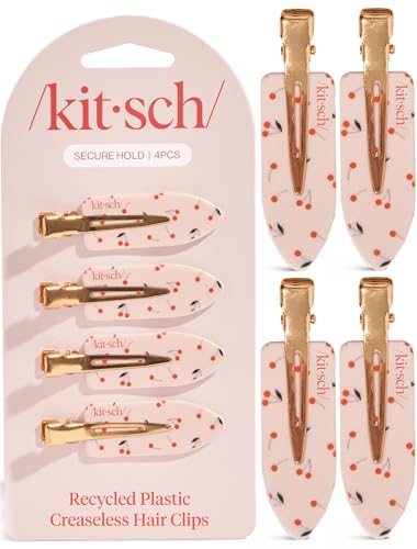 Kitsch Creaseless Hair Clips for Women No Crease No Bend Hair Clips for Styling Bangs Makeup Application Face Wash Recycled Acrylic Cherry Print Ideal Gifts for Women 4pcs - Image 1