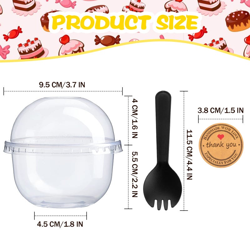 Cunhill Disposable Plastic Dessert Cups with Dome Lids - 50 Pack Clear PET (no Hole)  Sporks and Stickers - Mini Snack Bowls (Simple Cup  9 oz) - Image 4
