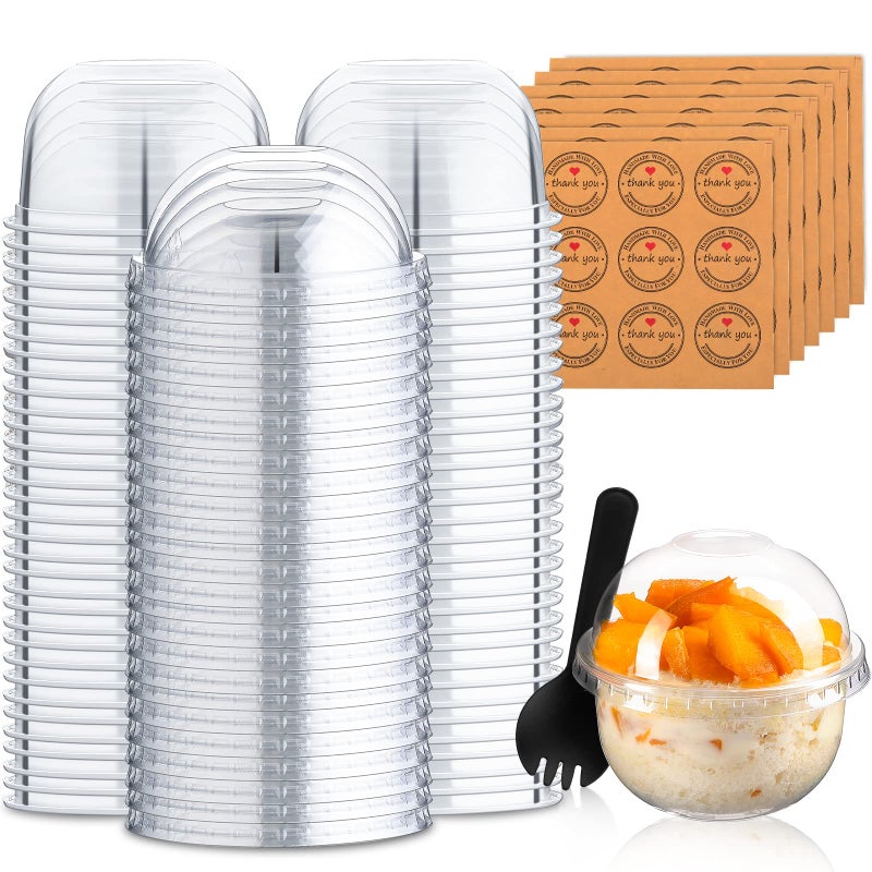Cunhill Disposable Plastic Dessert Cups with Dome Lids - 50 Pack Clear PET (no Hole)  Sporks and Stickers - Mini Snack Bowls (Simple Cup  9 oz) - Image 1