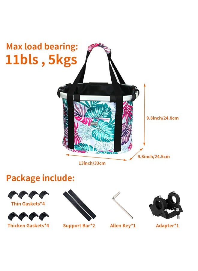 RAYMACE Bicycle Basket Dog Bike Handlebar Basket Front,Folding Detachable Quick Release Easy Install,Cycling Picnic Bag (Pink Palm Leaf) - Image 4
