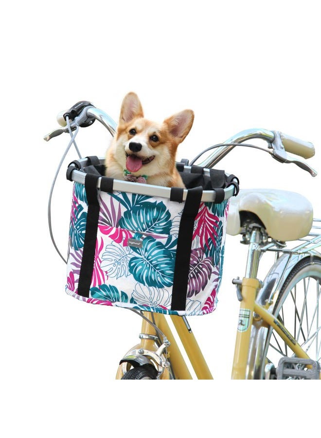 RAYMACE Bicycle Basket Dog Bike Handlebar Basket Front,Folding Detachable Quick Release Easy Install,Cycling Picnic Bag (Pink Palm Leaf) - Image 1