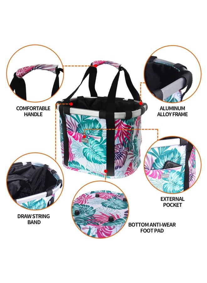 RAYMACE Bicycle Basket Dog Bike Handlebar Basket Front,Folding Detachable Quick Release Easy Install,Cycling Picnic Bag (Pink Palm Leaf) - Image 5