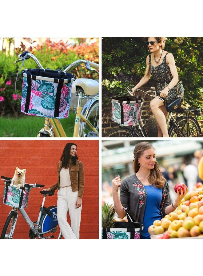 RAYMACE Bicycle Basket Dog Bike Handlebar Basket Front,Folding Detachable Quick Release Easy Install,Cycling Picnic Bag (Pink Palm Leaf) - Image 3