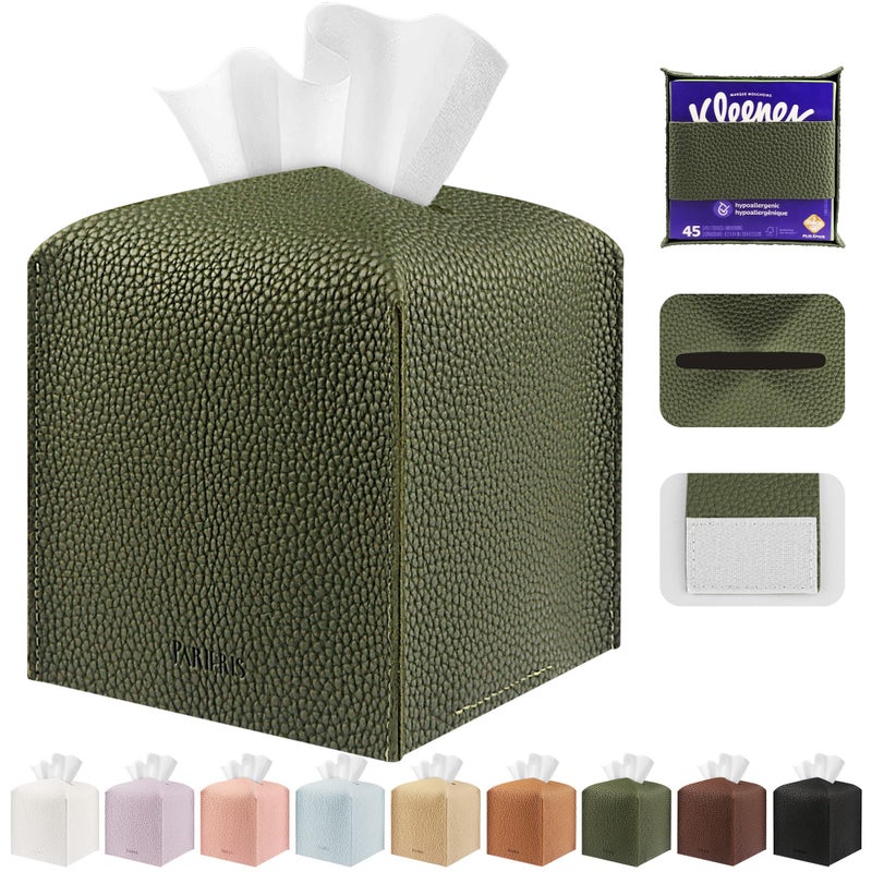 PARIERIS Tissue Box Cover Holder Square Tissue Cube Cover PU Leather Tissue Organizer with Bottom Belt for Bathroom, Tabletop, Car, Night Stands, Office, Home, Kitchen (1, OliveGreen) - Image 1
