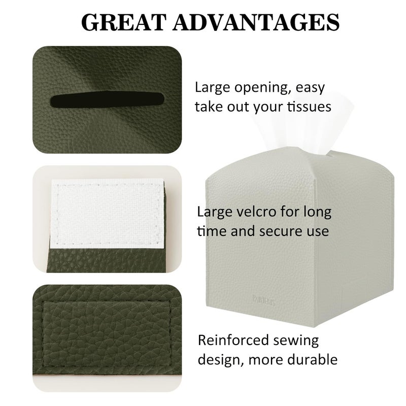 PARIERIS Tissue Box Cover Holder Square Tissue Cube Cover PU Leather Tissue Organizer with Bottom Belt for Bathroom, Tabletop, Car, Night Stands, Office, Home, Kitchen (1, OliveGreen) - Image 5