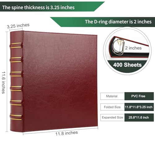 LETVPVOW Vintage Hardback 3 Ring Binder 2 Inch Professional Leather Binders 2 Inch D Ring Holds 400 Sheets Capacity 2 Pack Dark Red - Image 3