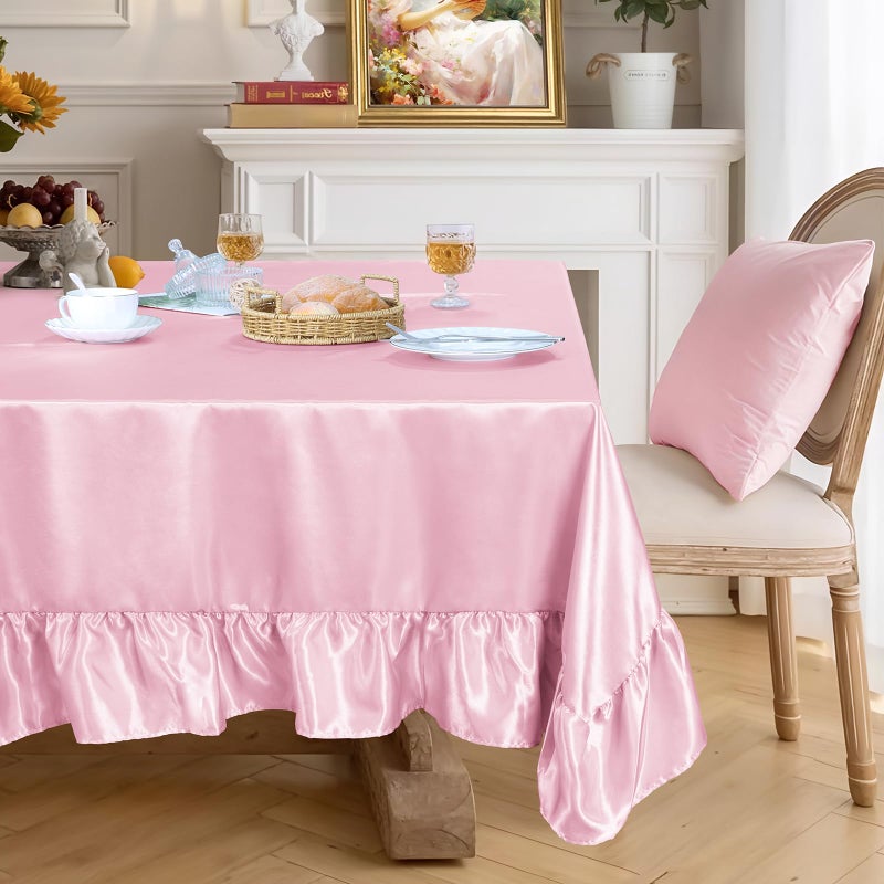 Ersmak Satin Ruffle Edge Tablecloth - Light Pink Satin Table Cover 52 x 70 Inch Rectangle Bright Silk Table Cloth for Weddings, Banquets, or Home Dining - Image 1