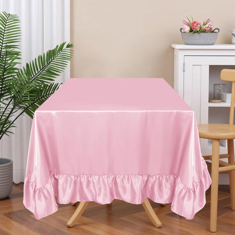 Ersmak Satin Ruffle Edge Tablecloth - Light Pink Satin Table Cover 52 x 70 Inch Rectangle Bright Silk Table Cloth for Weddings, Banquets, or Home Dining - Image 3