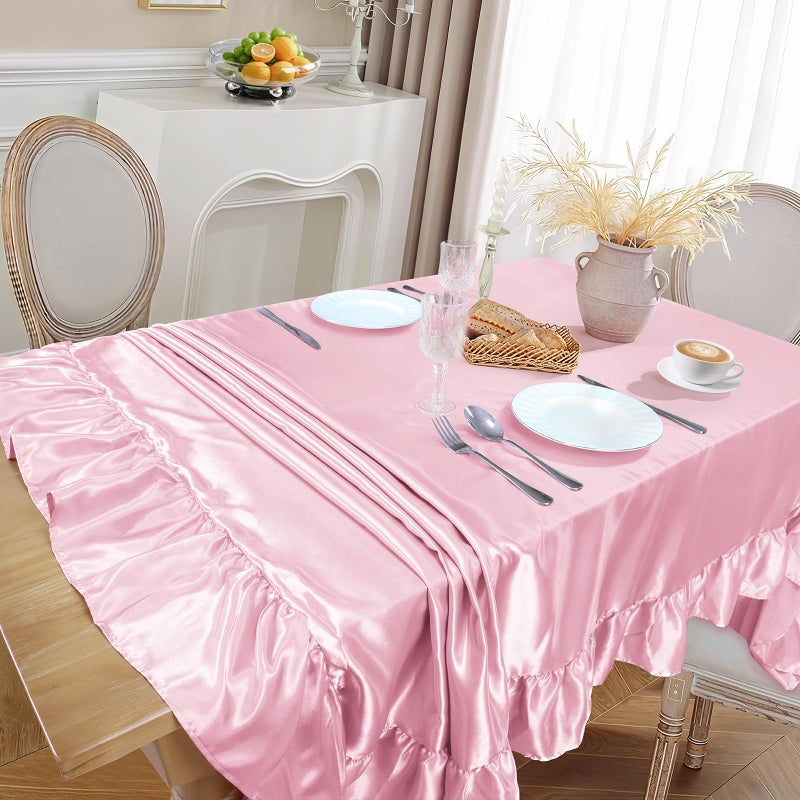 Ersmak Satin Ruffle Edge Tablecloth - Light Pink Satin Table Cover 52 x 70 Inch Rectangle Bright Silk Table Cloth for Weddings, Banquets, or Home Dining - Image 2