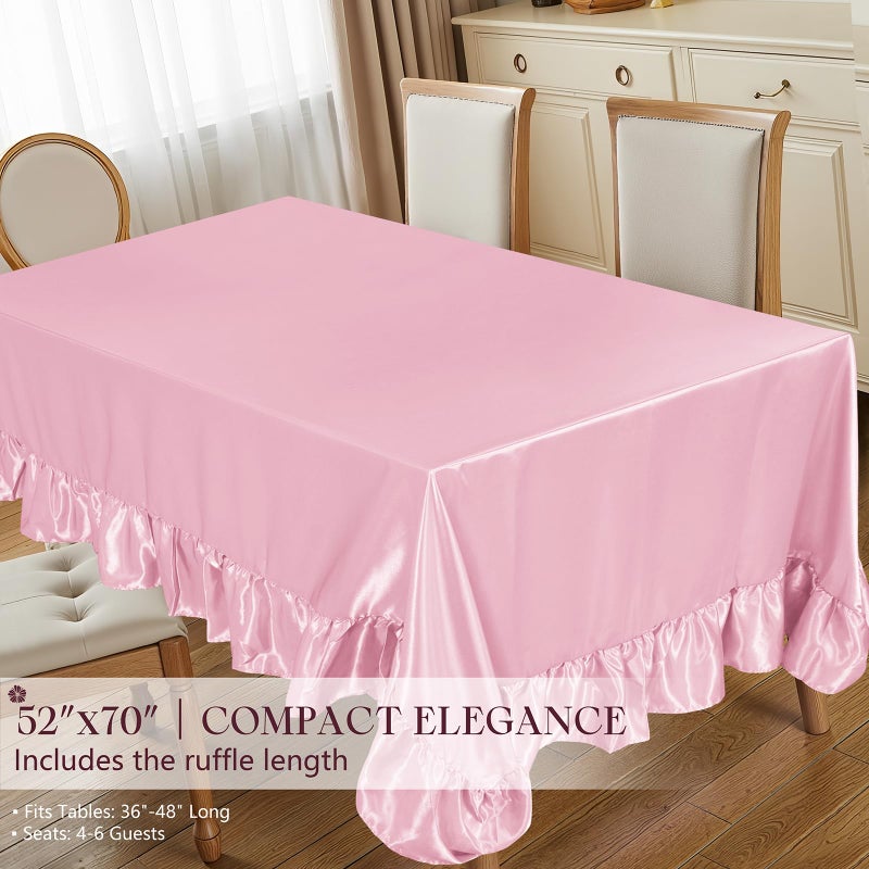 Ersmak Satin Ruffle Edge Tablecloth - Light Pink Satin Table Cover 52 x 70 Inch Rectangle Bright Silk Table Cloth for Weddings, Banquets, or Home Dining - Image 4