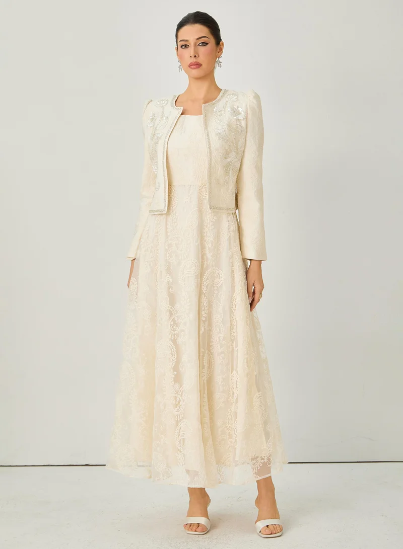 Sunfere Perfectly Captivating Beige Paisley Embroidery Jacket & Dress Set
