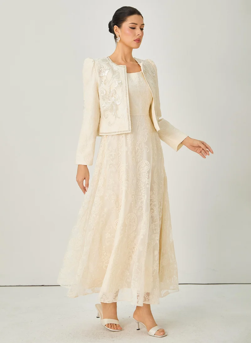 Sunfere Perfectly Captivating Beige Paisley Embroidery Jacket & Dress Set