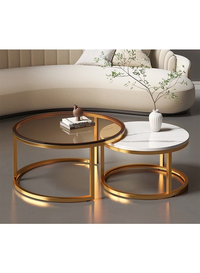 Set Of 2 Modern Round Coffee Table With Top Marble Stone and Metal Frame