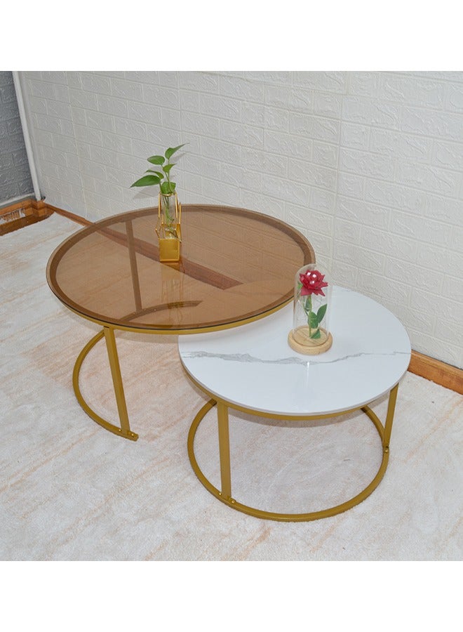Set Of 2 Modern Round Coffee Table With Top Marble Stone and Metal Frame