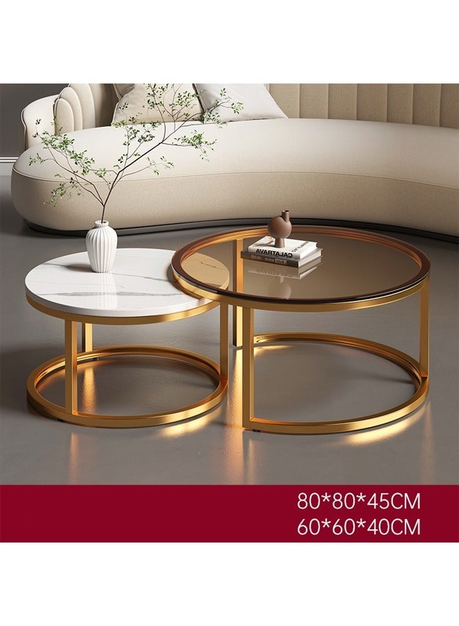 Set Of 2 Modern Round Coffee Table With Top Marble Stone and Metal Frame