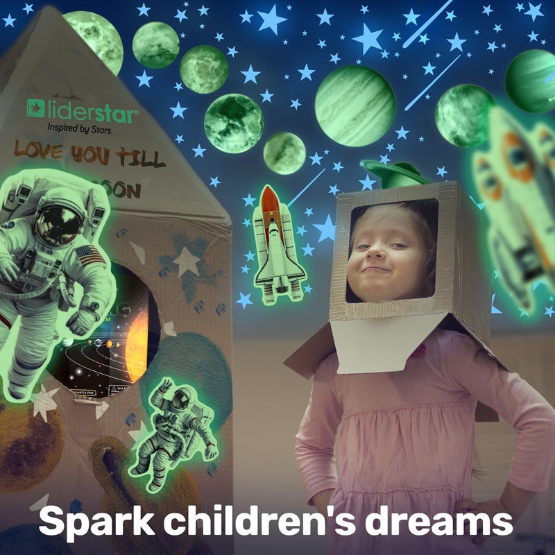 LIDERSTAR Glow in The Dark Stars and Planets, Bright Solar System Wall Stickers - USA Astronaut Spaceship, Ceiling Decals for Kids Bedroom Any Room, Shining Space Decoration, Birthday Gift for Boys and Girls - Image 2