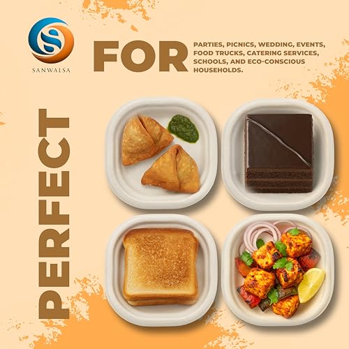 SANWALSA [6 inch, 25 Count, Square, Beige Disposable Bagasse Paper Plates | Eco-Friendly Sugarcane Plates for Wedding, Party, Cafes | Ideal for Both Hot & Cold Food - Image 3