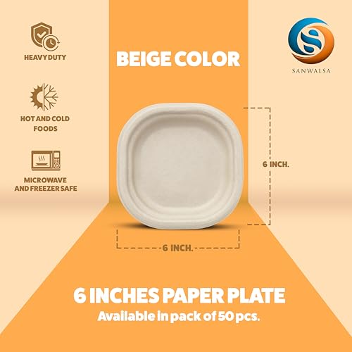 SANWALSA [6 inch, 25 Count, Square, Beige Disposable Bagasse Paper Plates | Eco-Friendly Sugarcane Plates for Wedding, Party, Cafes | Ideal for Both Hot & Cold Food - Image 2