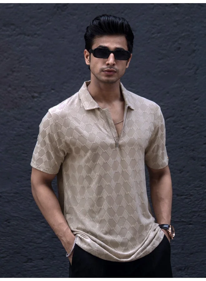 Maniac Maniac Mens Textured Polo Neck Half Sleeve Beige Half Zipper Cotton Lycra Blend T-Shirt