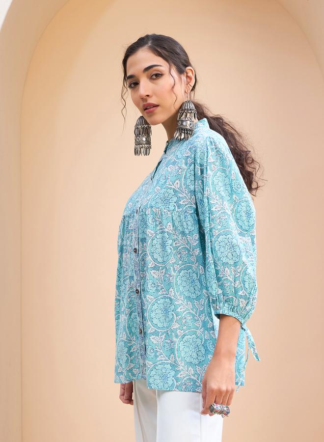 SASSAFRAS Blue Floral Sleeve Knot Buttoned Kurti - Image 3