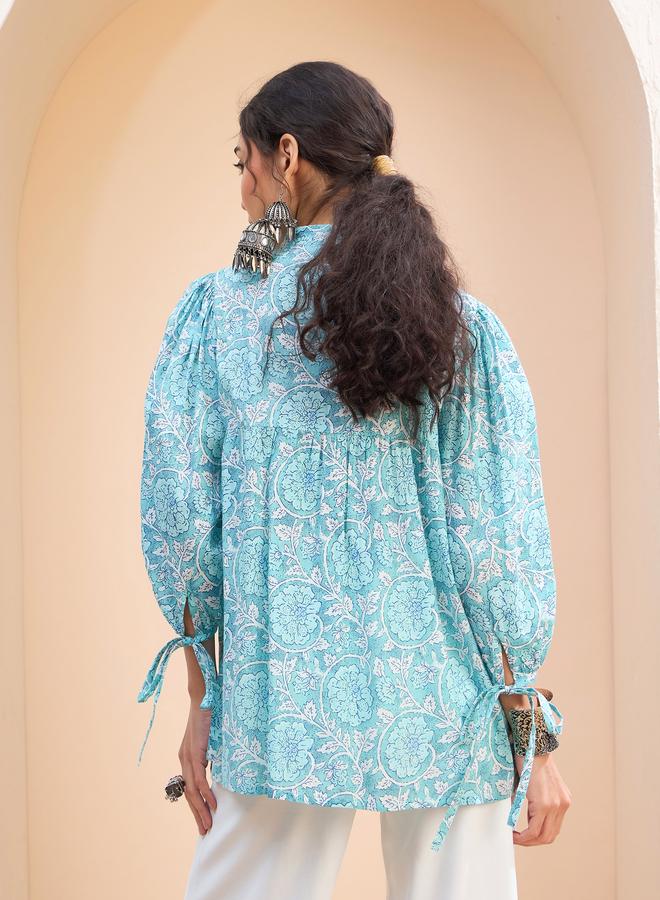 SASSAFRAS Blue Floral Sleeve Knot Buttoned Kurti - Image 5