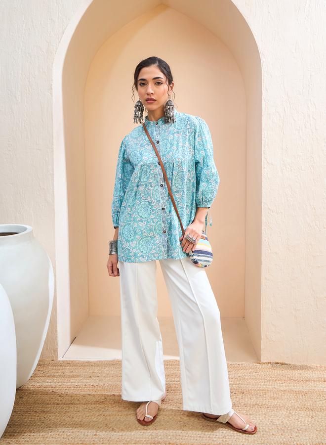 SASSAFRAS Blue Floral Sleeve Knot Buttoned Kurti - Image 2