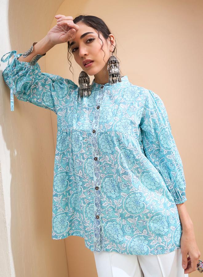 SASSAFRAS Blue Floral Sleeve Knot Buttoned Kurti - Image 1
