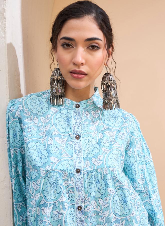 SASSAFRAS Blue Floral Sleeve Knot Buttoned Kurti - Image 4