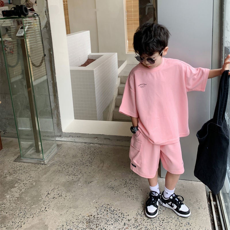 Foreign Trade Childrens Wear Boys Cotton suit Summer New Korean Casual Loose Short-sleeved Shorts Two-piece Trendy Pink suit 1006