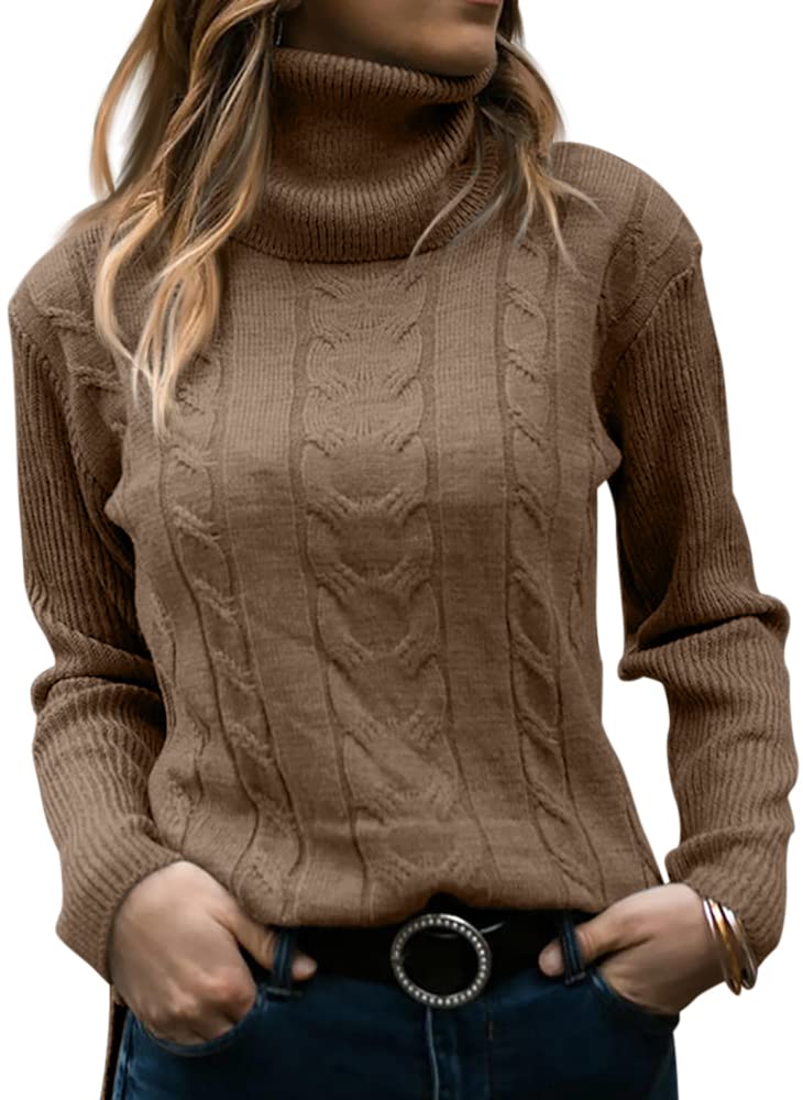 Langwyqu Womens' Turtleneck Long Sleeve Cable Knit Sweaters - Image 1