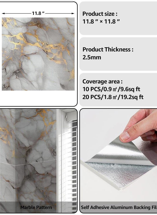 WADILE 20 قطعة بلاط جدران رخامية مقاومة للماء وقابلة للالتصاق، 11.8"x11.8" ألواح PVC ذاتية اللصق للحمام والمطبخ وغرفة المعيشة باللون الذهبي - Image 2