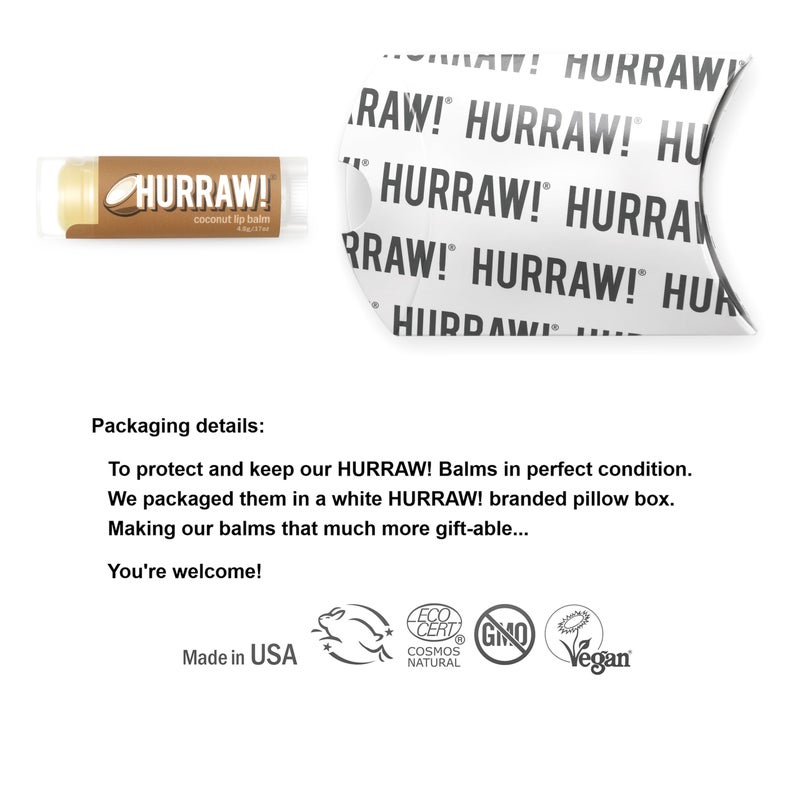 Hurraw! هراو! بلسم شفاه جوز الهند: عضوي، معتمد كفيجن، خالي من القسوة والجلوتين. غير معدل وراثيًا، مكونات طبيعية 100%. خالي من العسل، الشيا، الصويا والنخيل. مصنوع في الولايات المتحدة الأمريكية. - Image 1